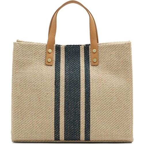 2022 Fashion Simple Square Commute Shoulder Crossbody Briefcase Striped Design Canvas Tote Bag High Capacity Handbag for Women