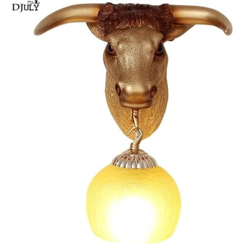 American vintage Bull head resin wall lamp for villa hallway hotel coffee store decorative sconces light fixtures loft decor e27
