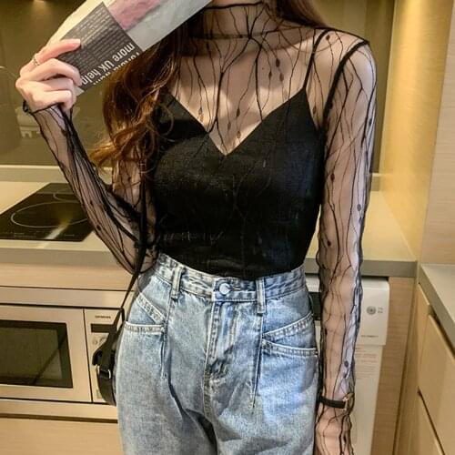AOSSVIAO 2021 Summer Women Casual Mesh Pattern Blouse Tops Girls Mesh Shirts Lace See Through Shirt For Female Black White Beige