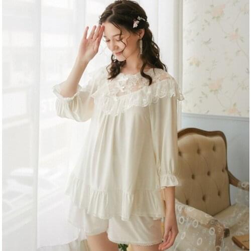 White Sexy Women Sleep Nightwear Suits Night Lace Bow Pajama Sets Sleepwear 2 Pieces Backless Shorts Homewear