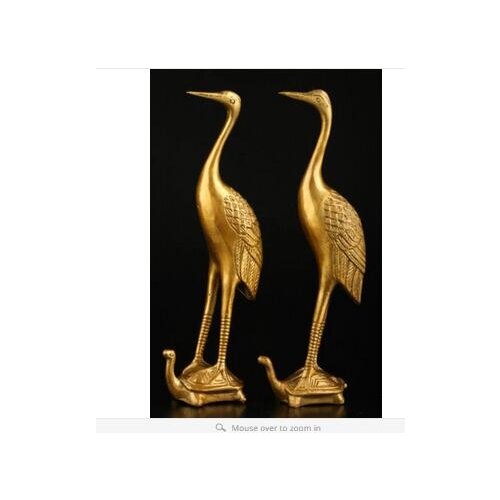 Bronze home decoration Folk Culture Brass A Pair of Exquisite Chinese Classical Golden Crane Bird Standing on Turtle Statues