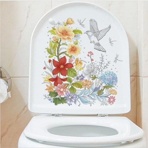 Blooming Flowers Birds Wallpaper Colorful Flowers Toilet Sticker New Design Closestool Decoration Self Adhesive Wall Decal