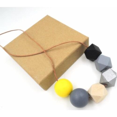 Wooden geometric necklace pendant metallic colours Silver and yellow black wooden beads NW123