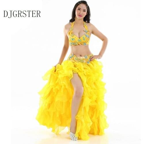 DJGRSTER New Top Quality Performance Beads Belly Dancing Oriental Dance Costumes 3pcs Set (Bra, Belt, Skirt) Belly Dance Costume