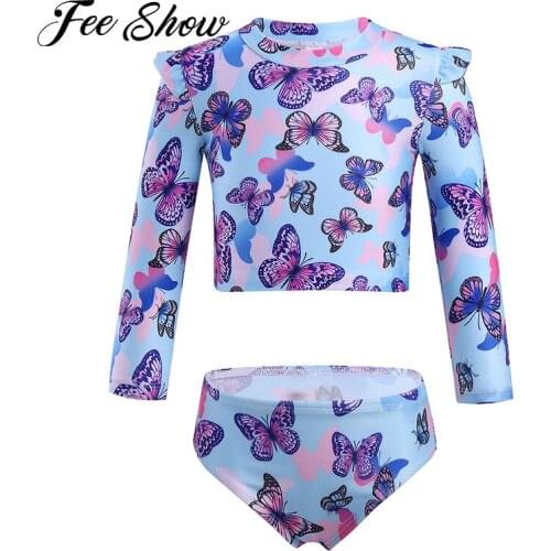 New Kids Girls Summer Swimsuits Swimming Outfit Round Neck Long Sleeves Print Tops and Briefs Set Children Beach Bathing Suit