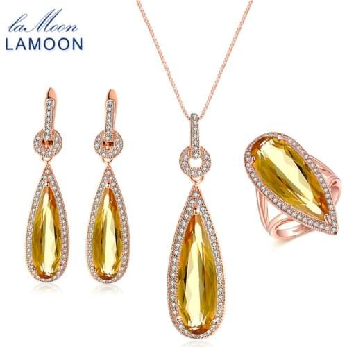 LAMOON Luxury Pear Citrine Natural Gemstone S925 Jewelry Sets 100% 925 Sterling Silver For Women Engagement Jewelry V047-3