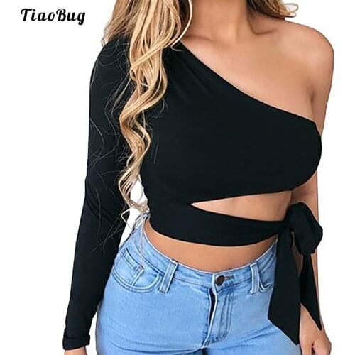 Summer Women Cotton Single Shoulder Straps Crop Top Long Sleeve Sash Tie Front Hollow Out Waist Workout Gym Yoga Sports T-Shirt