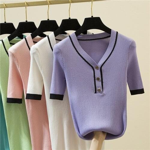 LJSXLS Summer V-Neck Short Sleeve Sweater Women Color Contrast Button Pullover Tops Purple Slim Knitted Womens Sweaters 2021