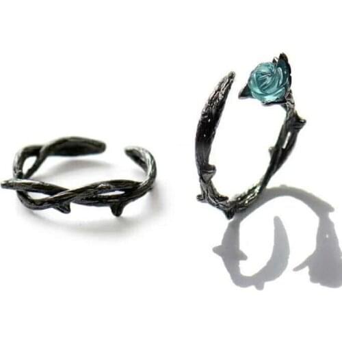 Male Female Blue Rose Flower Black Gold Ring Vintage Punk Metal Opening Rings For Women Men Jewelry Simple Fashion Couples Ring