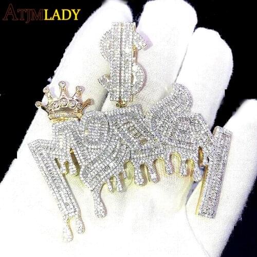 Iced Out MONEY Letters Pendant Crown Dollar Sign Cubic Zircon CZ Paved Mens Charm Necklace Hip Hop Bling Jewelry With Rope Chain