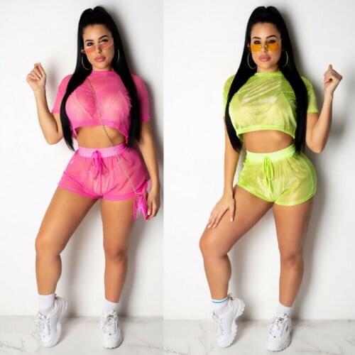 New Style Sexy Womens Yoga Set Shiny Mesh Top Shorts Set Romper Short Sleeve Solid High Waist Summer Casual Fashion Hot 2019