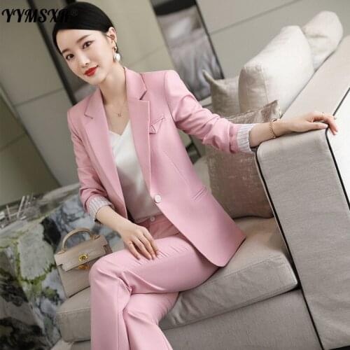 Large Size High-end Office Professional Wear Pink Suit Autumn 2021 Slim Long-sleeved Ladies Jacket + Fashion Trousers Two-piece