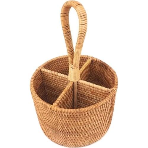 Hand-Woven Rattan Storage Basket Portable Round Four Compartment Storage Fruit Basket Fruit Basket Straw Gourmet Orchard Storage