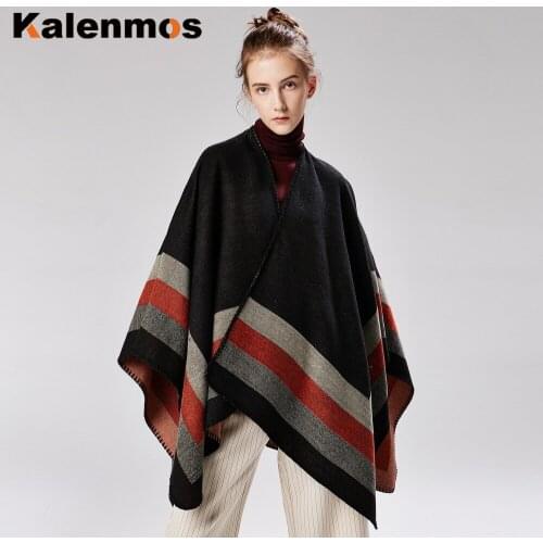 Thick Cloak Women spring fall Winter Poncho Scarf Stripe Travel Shawl Imitation Cashmere Capes National Wind Fork Thicker Cloaks