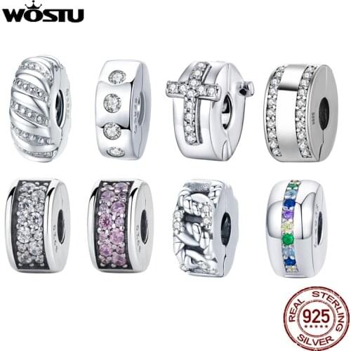 Wostu Real 925 Sterling Silver Shining Elegance CZ Clip Charm Dangle Fit Original Pan Bracelet For Women Pendant Fine Jewelry