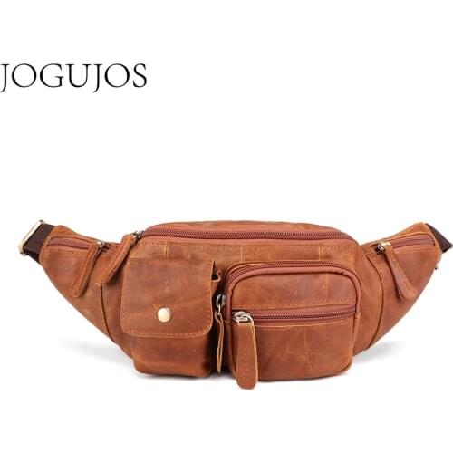 JOGUJOS Genuine Leather Men Waist Packs Vintage Fanny Pack Belt Bag Male Crossbody Bag Cowhide Chest Bag Money Belt Bag For Man