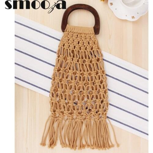 SMOOZA Women Casual Handbags Wooden Handle Portable Net Bag Straw Woven Bags Cotton Rope Hand-Woven Bag Large Capacity Beach Bag