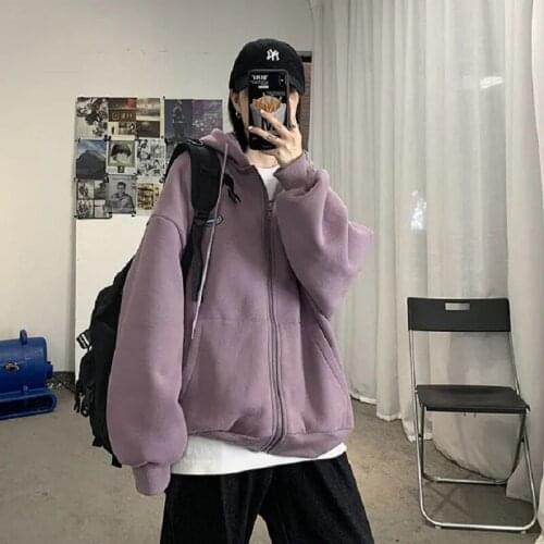 Sweater zipper cardigan drawstring loose y2k womens kawaii solid color loose Japanese plus velvet thick Harajuku jacket hooded