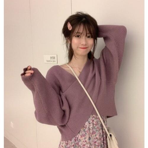 2021 Autumn New Sweater Women Pullover Vintage Long Sleeve Cross V Neck Casual Knitted Top Korean Solid Pull Ladies Jumpers Tide