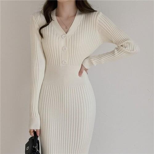 Knitted Long Sleeve Dress Women 2021 Slim Bodycon Autumn Korean Elegant Fall Winter Button V Neck Sweater Midi Ribbed Dress C216