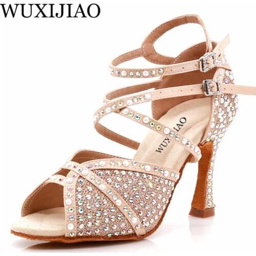 WUXIJIAO Brand Latin Dance Shoes Pearl Series Dance Shoes Salsa Womens Ballroom Dance Shoes Kuba Heel