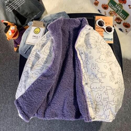 Womens Winter Jacket Cute Teddy Double Face Wearable From Cartoons Print Vintage Korean Zipper Harajuku Oversized Outerwear