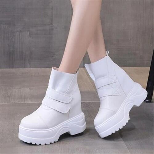Women Leather Ankle Boots Winter High Top Platform Sneakers Comfortable Thick Sole Motorcycle Boots Woman Hook Loop Punk Boots