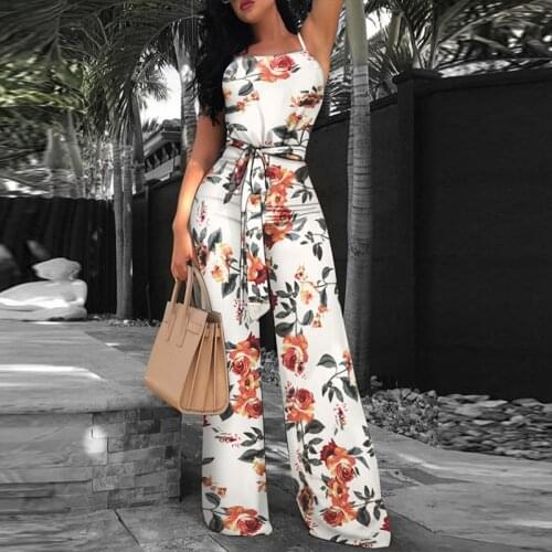 Women Summer Elegant Backless Belted Romper Fashion Casual Print Wide Leg Jumpsuit 2021 Sexy Off Shoulder Lady Playsuit Overall