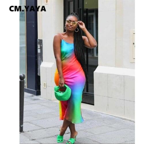 CM.YAYA Women Long Dress Tie Dye Sleeveless Strap O-neck Stretchy Bodycon Maxi Dresses Sexy Fashion Streetwear Summer Outfits