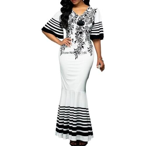 White African Women Dress Mermaid 2021 Summer Flower Printed Ruffle Sleeve Long Dresses Robe Elegant Female Maxi Dress Vestiods