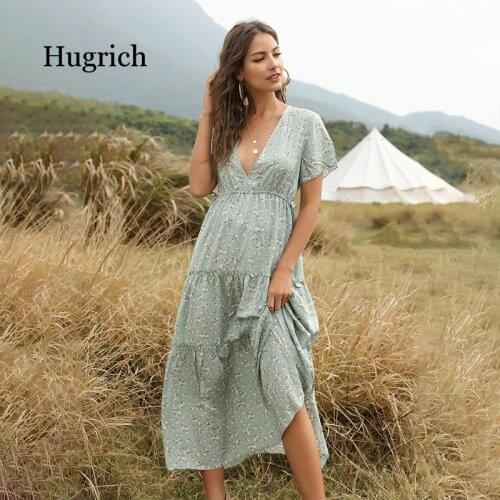 2021 New Womens Summer Chiffon Dress with Ruffle and Floral Print Elegant Fresh Bohemian Dresses