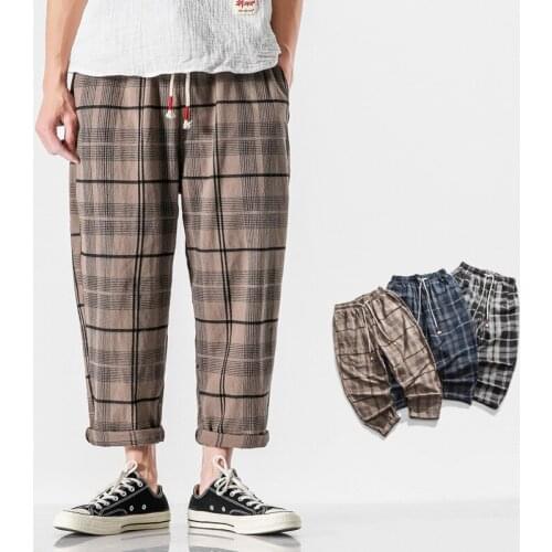 #2574 Summer Plaid Cotton Linen Wide Leg Trousers Men Elastic Waist Loose Vintage Casual Mens Streetwear Pants Plus Size 5XL