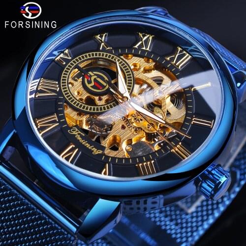 Forsining 3D Skeleton Royal Retro Design Black Golden Dial Mechanical Watch Blue Mesh Stainless Steel Band Luminous Wristwatch
