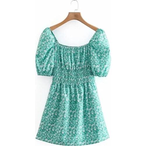 DOUJILI 2021 Summer Dress Sweet Women Green Floral Print Dress Puff Short Sleeve Fashion Ladies Short Dress