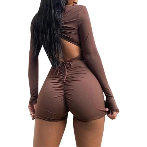 Women Sexy Skinny Jumpsuit, Brown Long Sleeve Deep V-neck Solid Color Tight Backless Playsuit Romper S/ M/ L/ XL