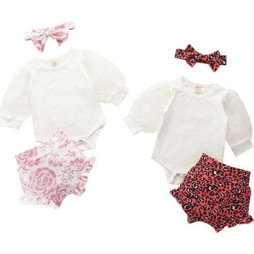Baby Girls 3-piece Outfit Set Newborn Mesh Bubble Sleeve Romper + Print Shorts + Headband Set