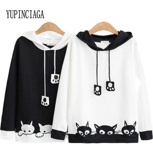 Kawaii Cartoon Cat Embroidery Hoodies Sweatshirts With Horns On Hood cotton hoodies Women Hooded Harajuku Pullovers YUPINCIAGA