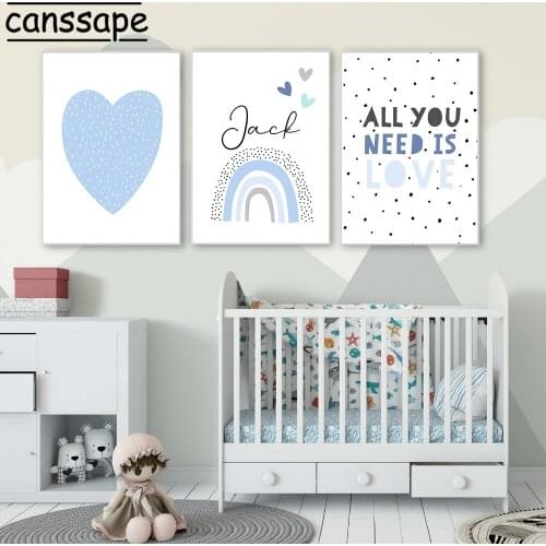 Nordic Wall Posters Personalized Custom Name Poster Heart Prints Rainbow Painting Nursery Wall Pictures Baby Boy Bedroom Decor