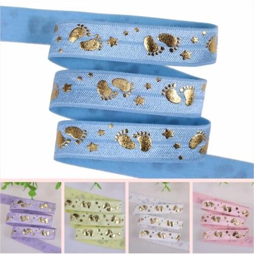 New! 5 colors 5/8" gold foil footprint fold over elastic, gold footprints stars foe elastic 50yards/lot welcome custom printed
