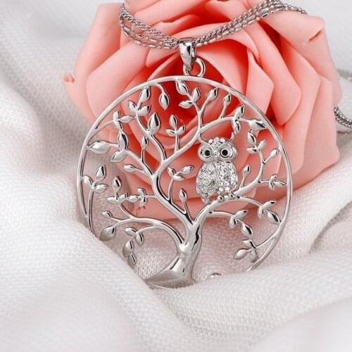 New Tree of Life Owl Pattern Round Pendant Necklace Womens Necklace Fashion Bohemian Crystal Inlaid Pendant Accessory Jewelry