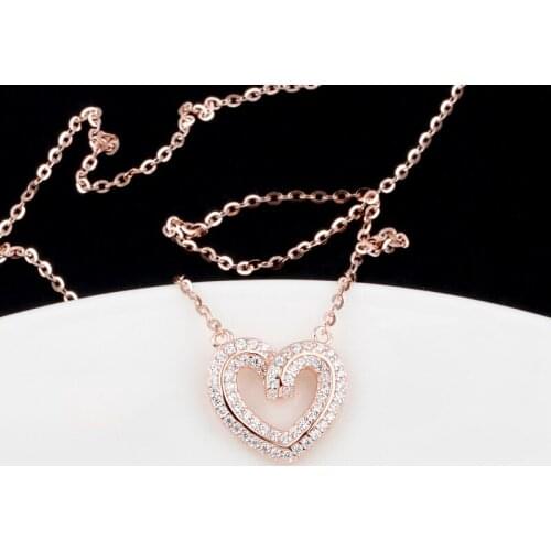 Sterling 925 Silver Necklace for Women Luxury Rose Gold Color Hollow Heart-shaped Diamond Pendant Clavicle Chain Choker Jewelry