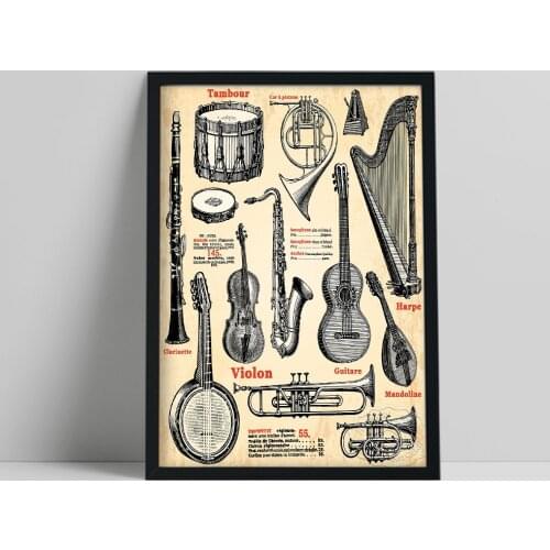 Nostalgic Style Magazine Catalog Poster, Instruments Clarinet Violin Horn Harp Art Prints, Vintage Musical Fans Collect Decor