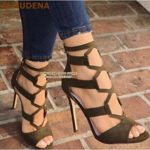 ALMUDENA Army Green Suede Cross Strappy Sandals Stiletto Heels Open Toe Caged Dress Pumps Hollow Out Banquet Shoes Dropship