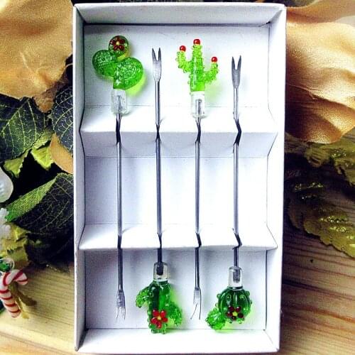 Restaurant tableware stainless steel fruit fork set miniature cute handmade murao glass Cactus design decorative dessert fork