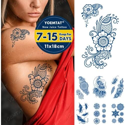 Juice Lasting Ink Tattoos Body Art Waterproof Temporary Tattoo Sticker Peacock Moon Feather Tatoo Arm Fake Henna Mehndi Tatto