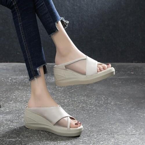 Summer Women Slipper Wedges Leather Slip on Casual Beach Slides Platform Ladies Shoes Height Increasing Chunky Zapatos De Mujer