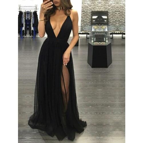 Vestido de Festa A-Line V-Neck High Split Sexy Prom Dress Cross Back Long Gala Jurken Formal Dress