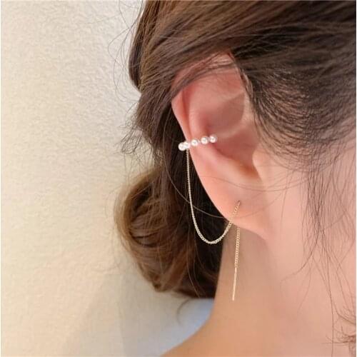 2021 Korean Elegant Pearl Ear Clips For Women Ladies Fashion Metal Chain Line No Piercing Fake Cartilage Fairy Jewelry Gifts