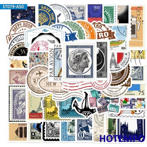 50pcs Stamp Sealing Label Travel Art Style Retro Decals Stickers Pack for Stationery Phone Laptop Skateboard Luggage Car Sticker