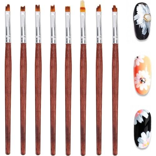 8Pcs Redwood Gel Nail Painting Brush Liner DIY Bloom Flower Nail Art Brushes Gel UV Mixed Size Drawing Pen Set